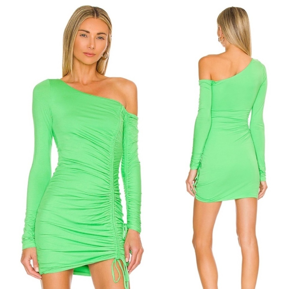 Camila Coelho Green Lena Mini Dress Asymmetrical Ruched Long Sleeve Dress